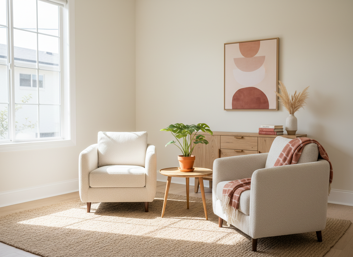 A welcoming counselling room with two comfortable chairs and soft natural light.