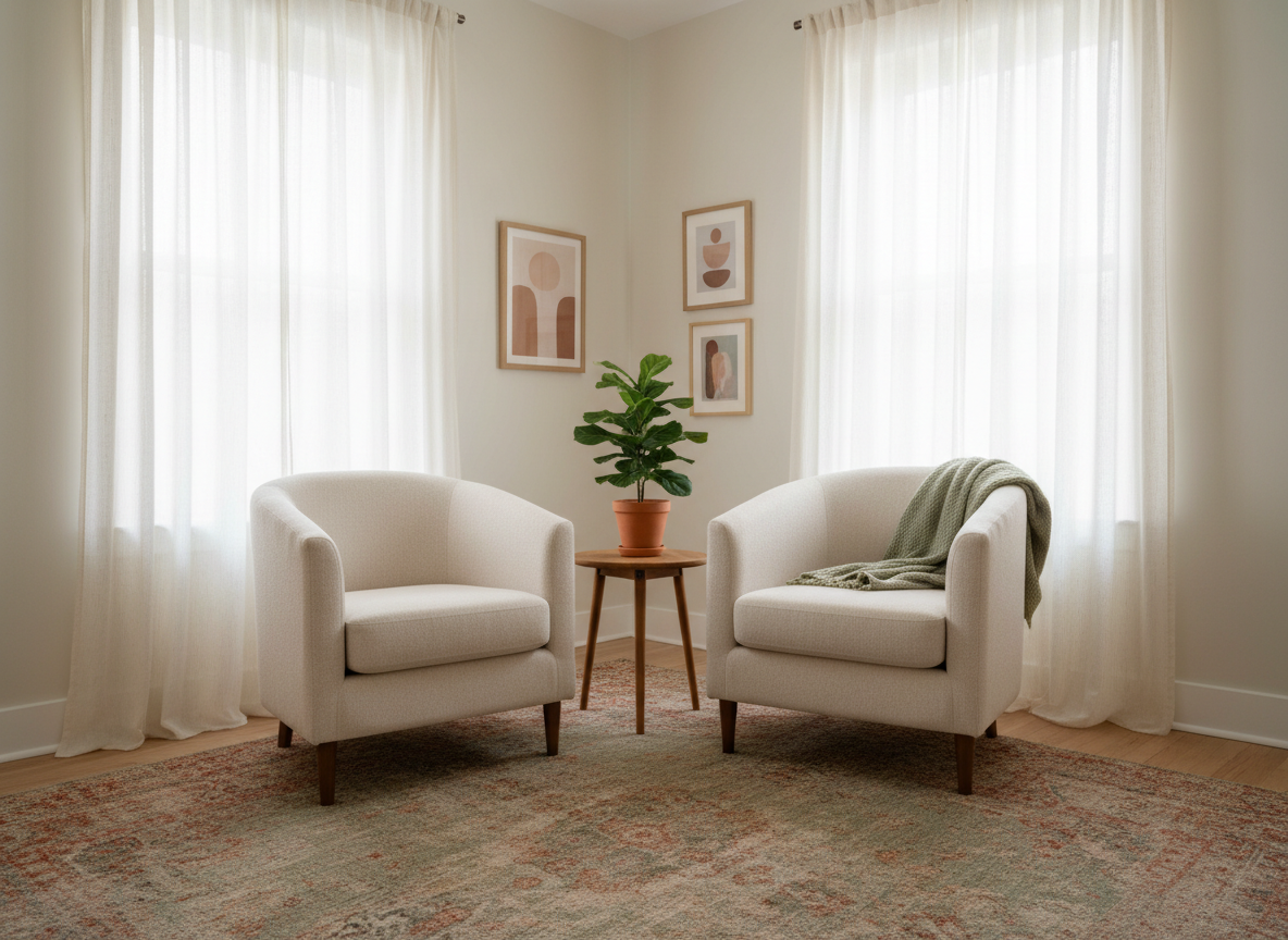 A warm counselling room with two comfortable chairs facing each other, filled with soft natural light and calm, welcoming tones