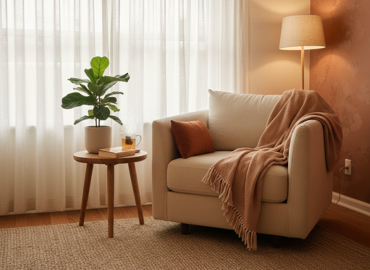 A warm, softly lit therapy room corner with a comfortable armchair, herbal tea, and a potted plant in cream and terracotta tones.