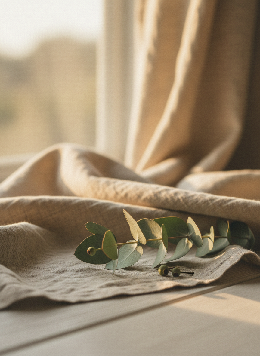 Soft morning light on linen and a sprig of eucalyptus