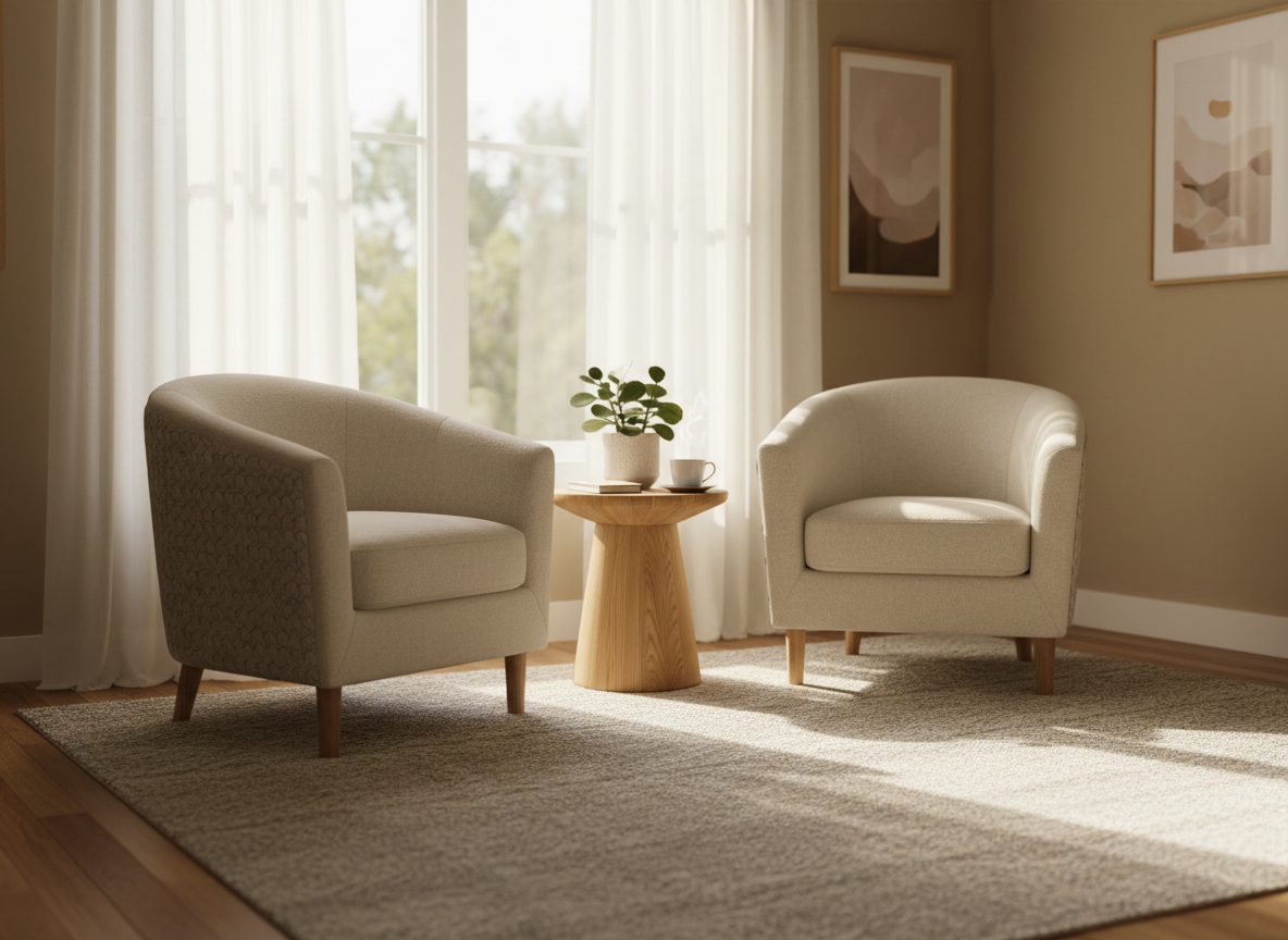 A calm, softly lit counselling room with two comfortable armchairs and a cup of tea