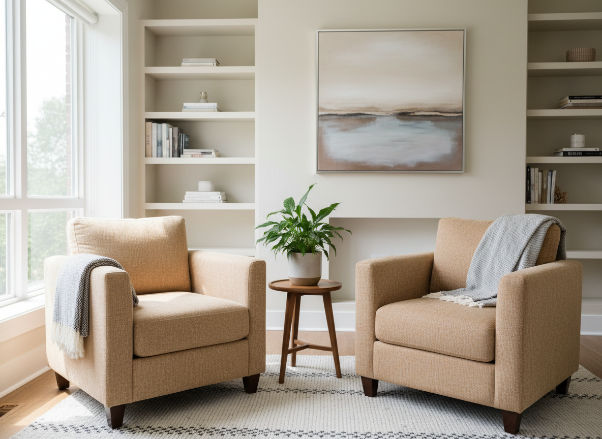 A calm, welcoming counselling room with two comfortable armchairs facing each other, soft natural window light, warm neutral tones, a small side table, tasteful plant, uncluttered professional therapy setting, editorial website photography, no people, no text.
