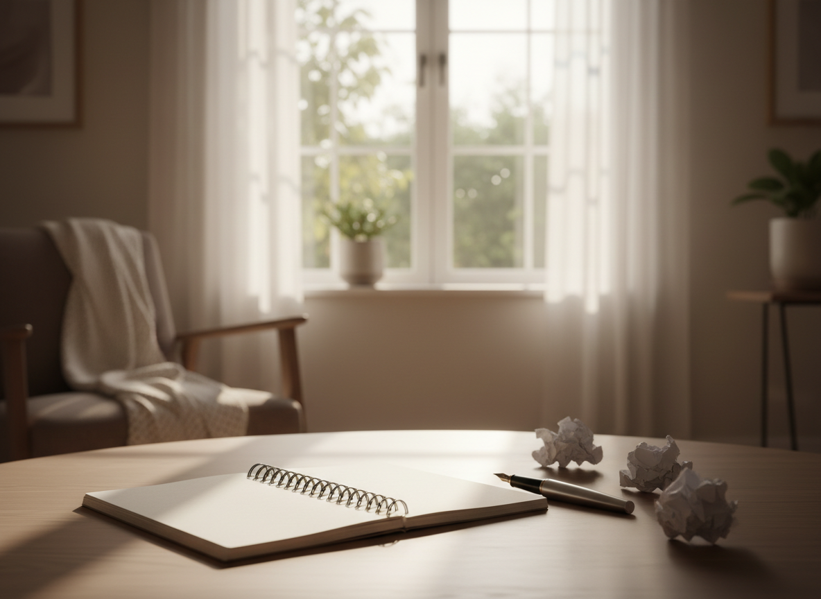 A warm, calm editorial photograph for a counselling website: a wooden table with an open notepad and a pen in the foreground, soft natural light from a large window in the background, subtle warm neutral tones, quiet welcoming atmosphere, no people, no text, landscape composition.